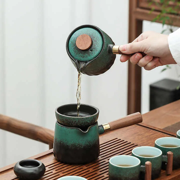 طقم شاي الكونغ فو بمقبض خشبي من السيراميك ,Kung Fu Tea Set with Ceramic Wooden Handle