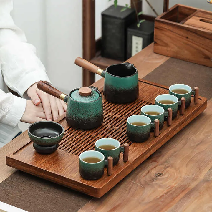 طقم شاي الكونغ فو بمقبض خشبي من السيراميك ,Kung Fu Tea Set with Ceramic Wooden Handle