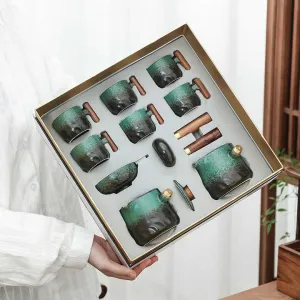 طقم شاي الكونغ فو بمقبض خشبي من السيراميك ,Kung Fu Tea Set with Ceramic Wooden Handle