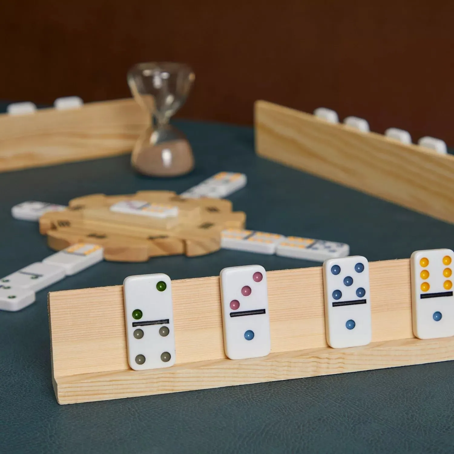 4 packs of wooden domino holders Domino Stands for Mexican Train and Mahjong (13.4 x 2.0 x 1.2 inches) Juvale