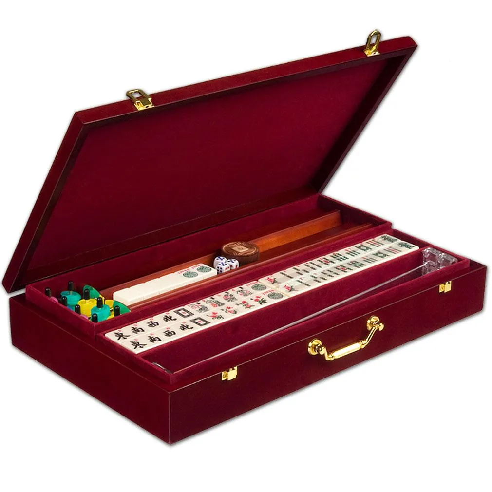 American Mahjong Set Red Wood Case "Classic Royale" with Pushers