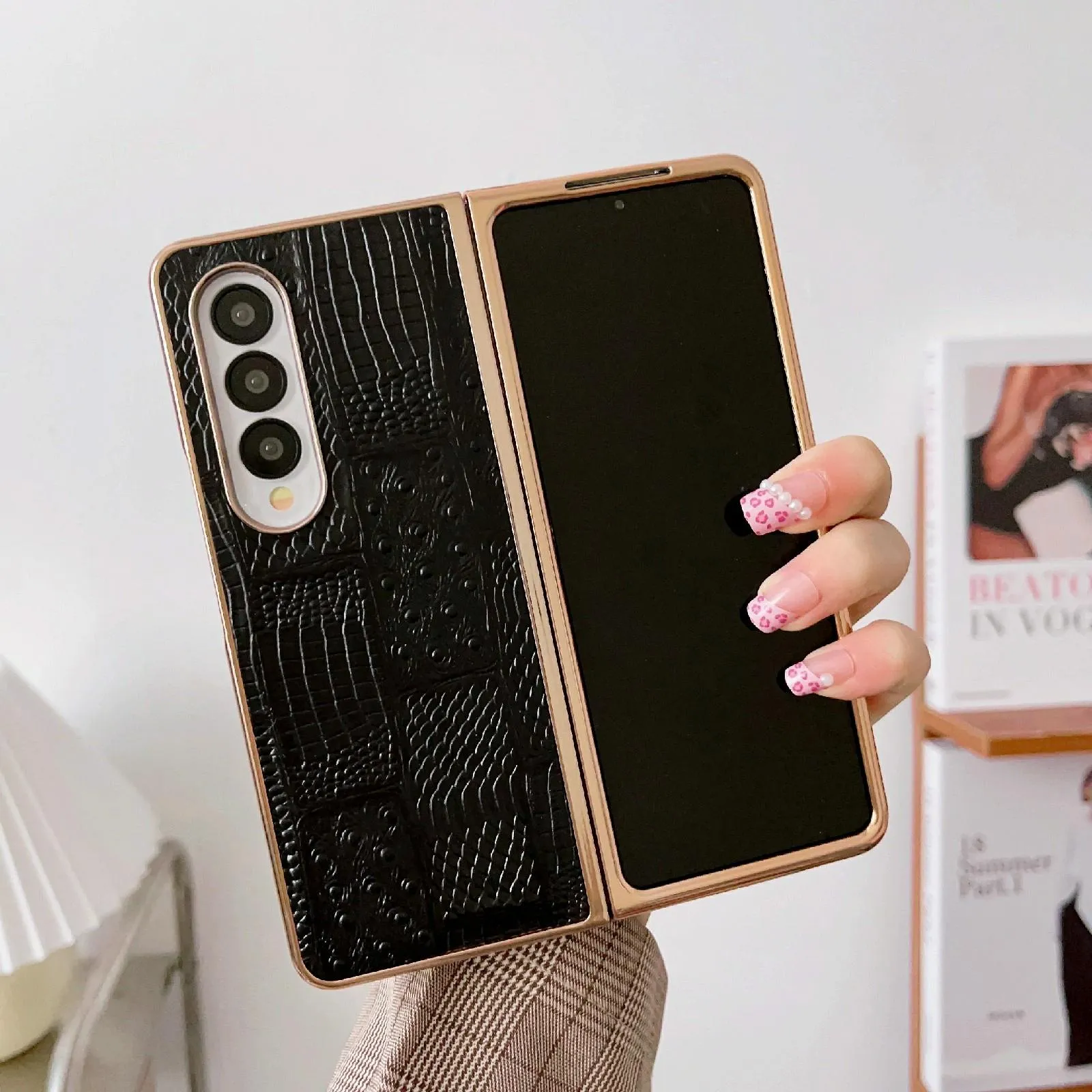Galaxy z Fold 4 Leather Mahjong Phone Case - Electroplated