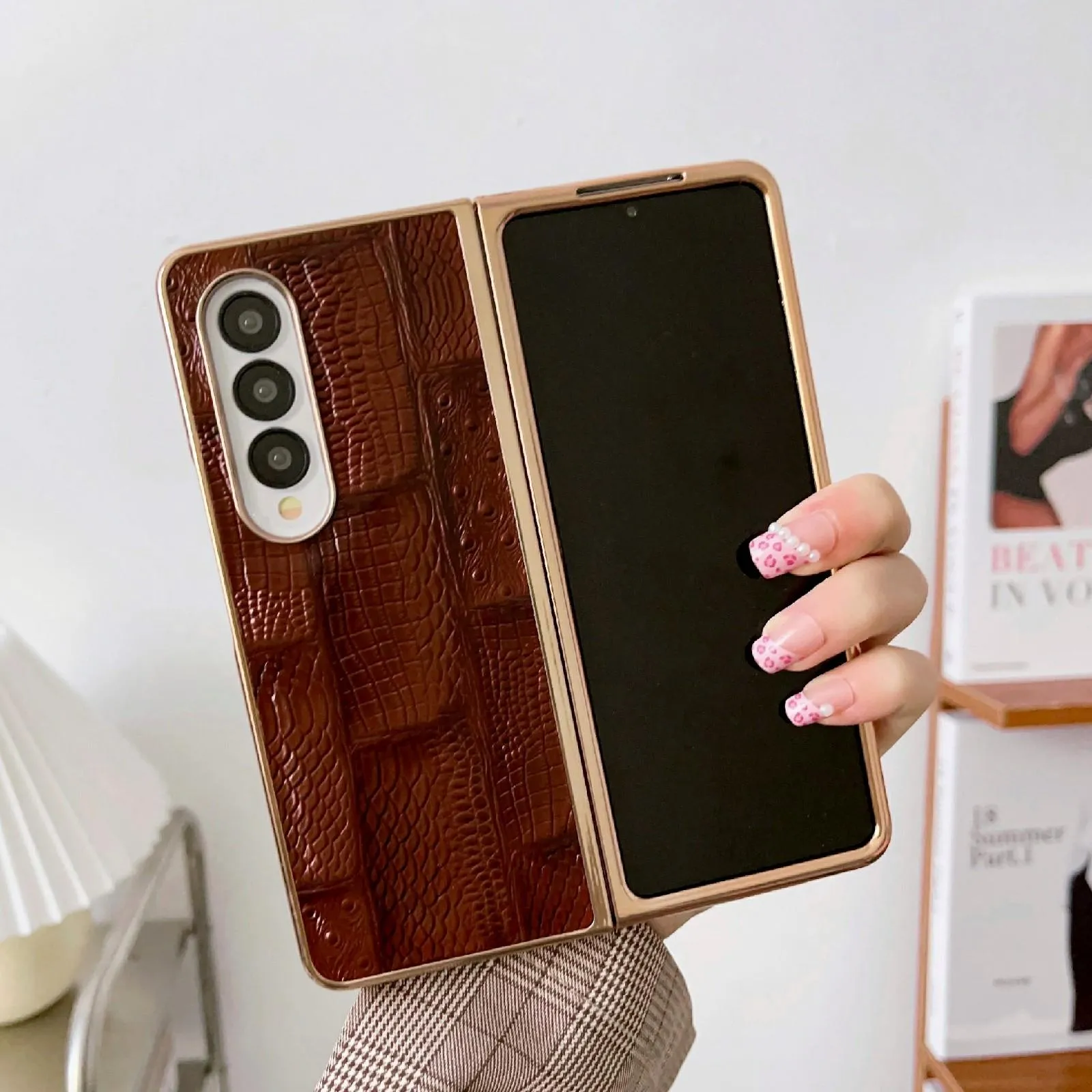 Galaxy z Fold 4 Leather Mahjong Phone Case - Electroplated