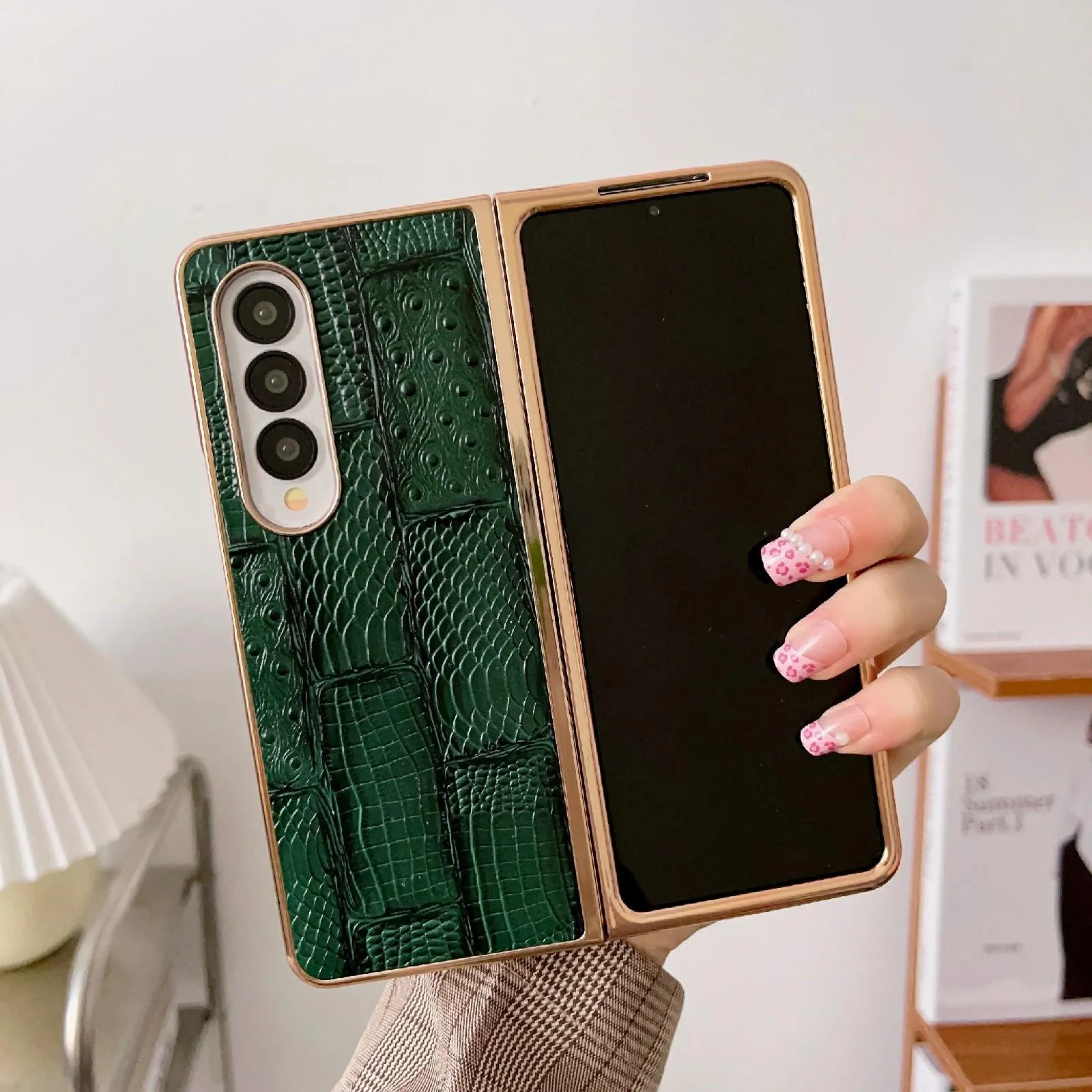 Galaxy z Fold 4 Leather Mahjong Phone Case - Electroplated