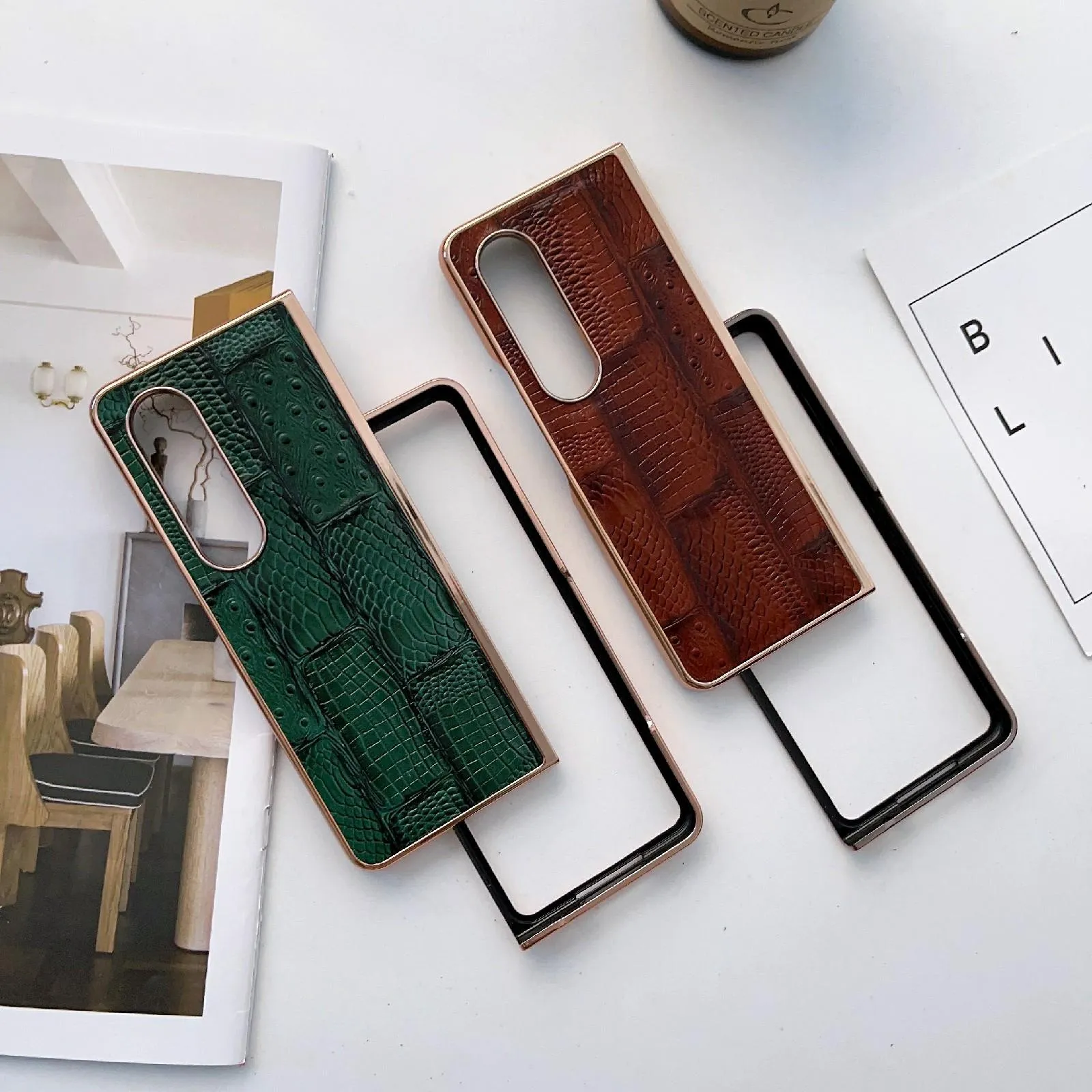Galaxy z Fold 4 Leather Mahjong Phone Case - Electroplated