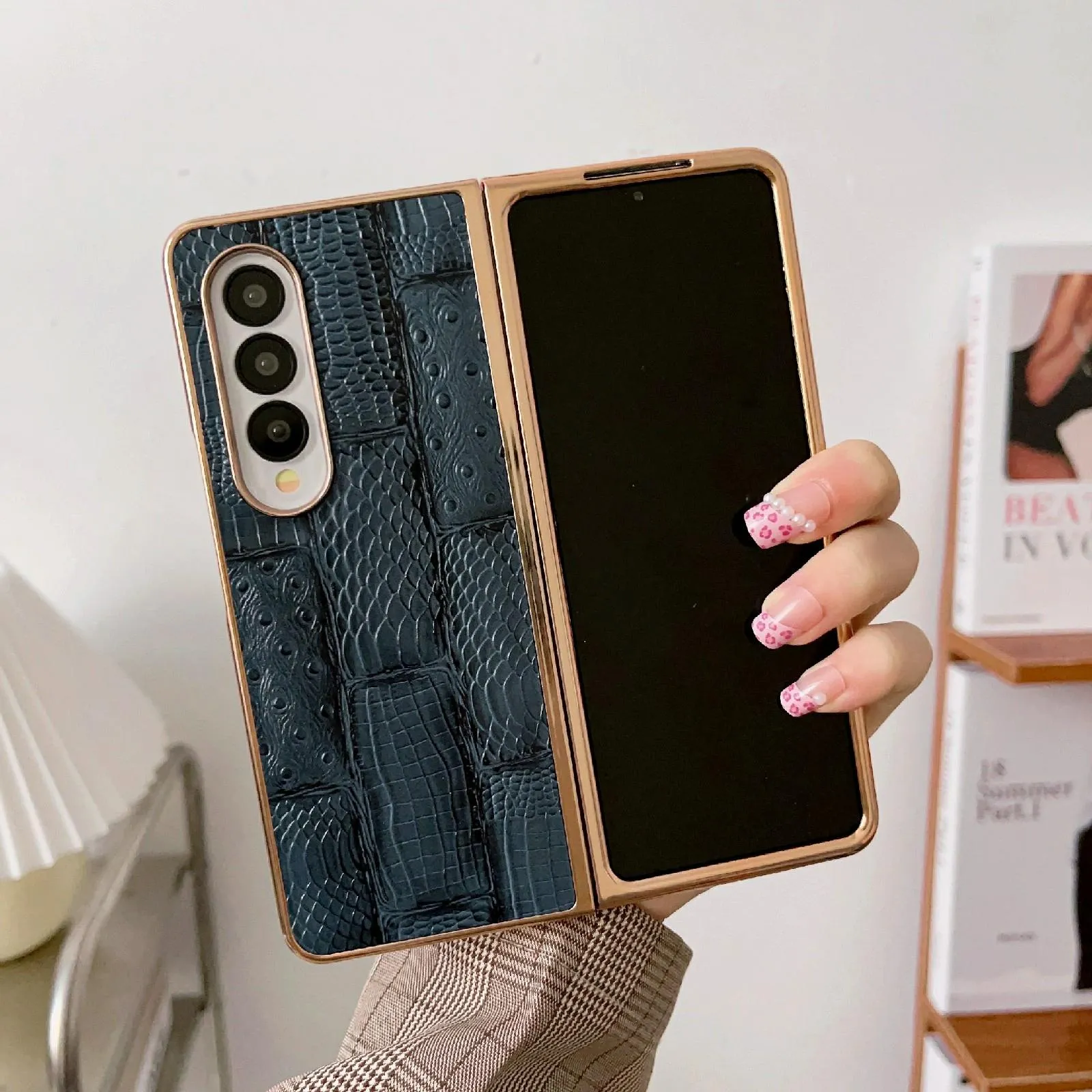 Galaxy z Fold 4 Leather Mahjong Phone Case - Electroplated